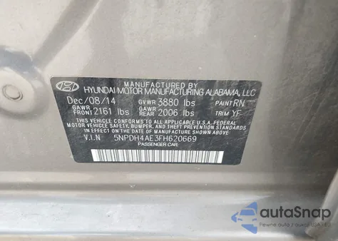 2015 Hyundai Elantra Se z USA, uszkodzony, nr VIN 5NPDH4AE3FH620669